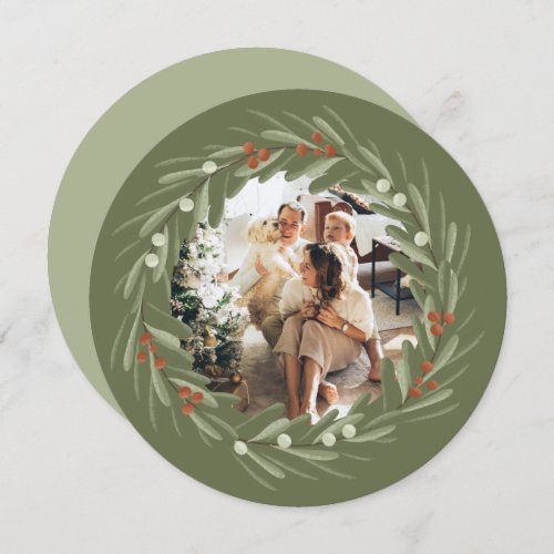 Christmas Personalized Wreath Photo Frame Round Holiday Card