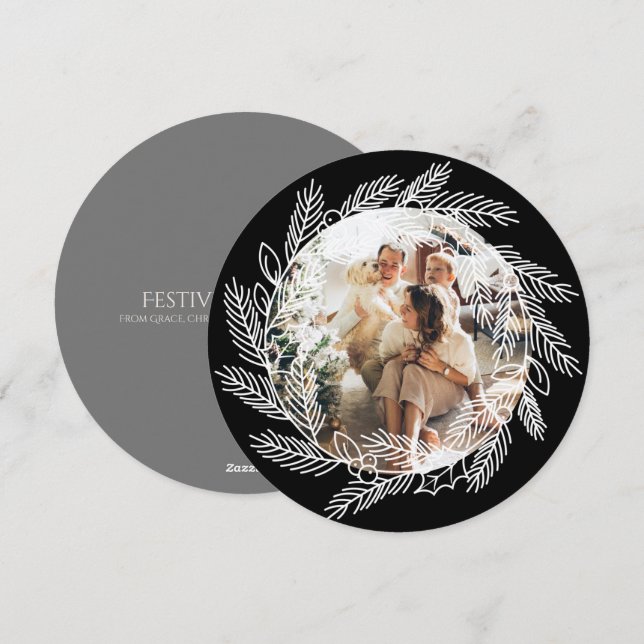 Christmas Personalized Wreath Photo Frame Round Holiday Card (Front/Back)