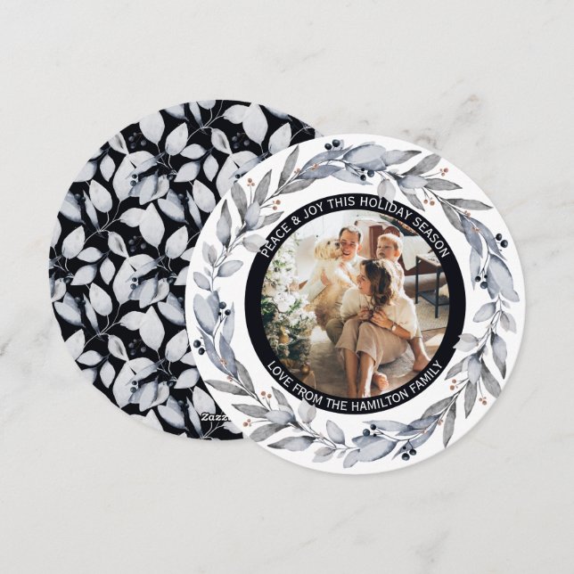 Christmas Personalized Wreath Photo Frame Round Holiday Card (Front/Back)