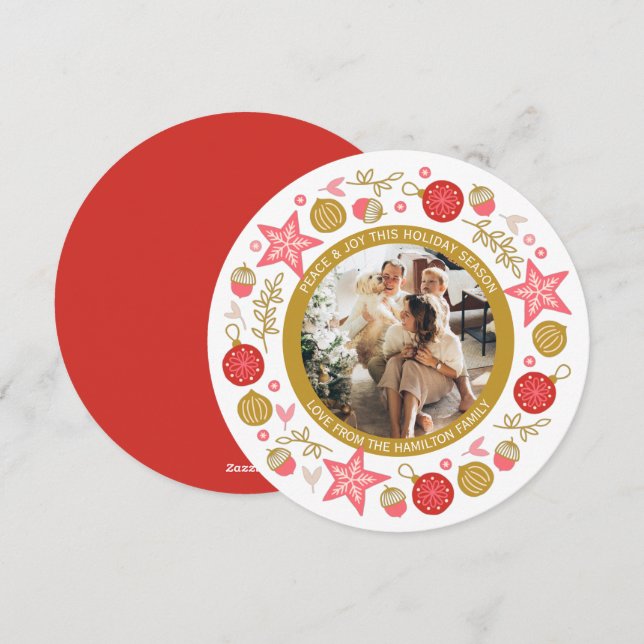 Christmas Personalized Wreath Photo Frame Round Holiday Card (Front/Back)