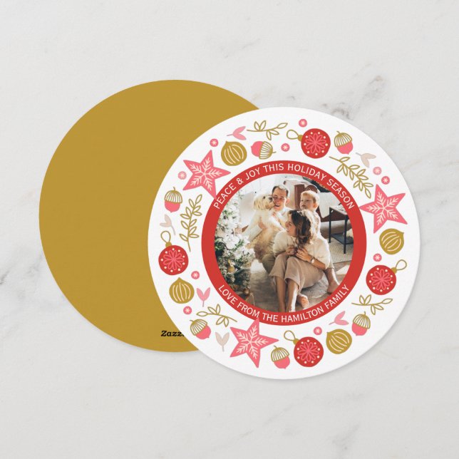 Christmas Personalized Wreath Photo Frame Round Holiday Card (Front/Back)