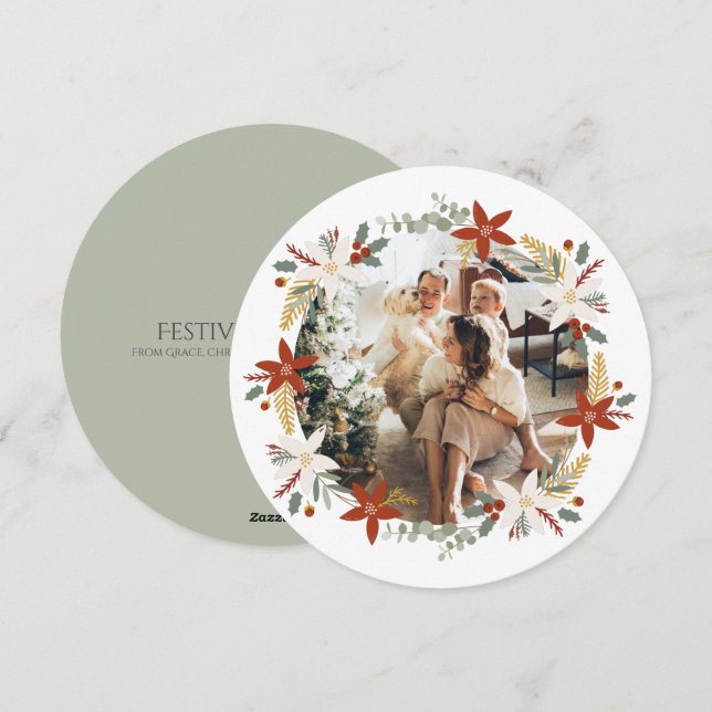 Christmas Personalized Wreath Photo Frame Round Holiday Card (Front/Back)