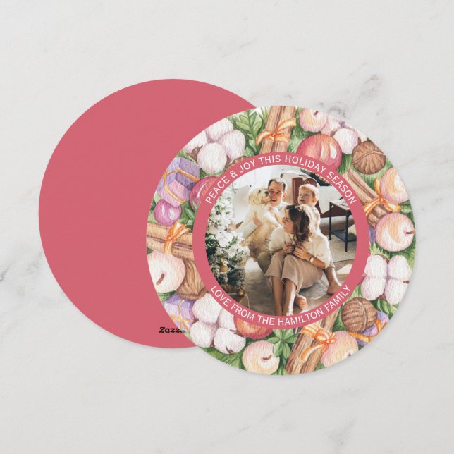 Christmas Personalized Wreath Photo Frame Round Holiday Card (Front/Back)