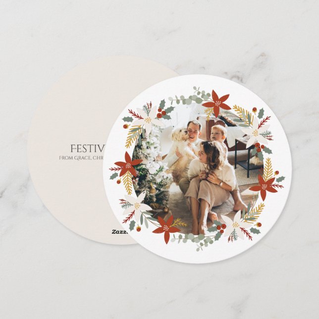 Christmas Personalized Wreath Photo Frame Round Holiday Card (Front/Back)