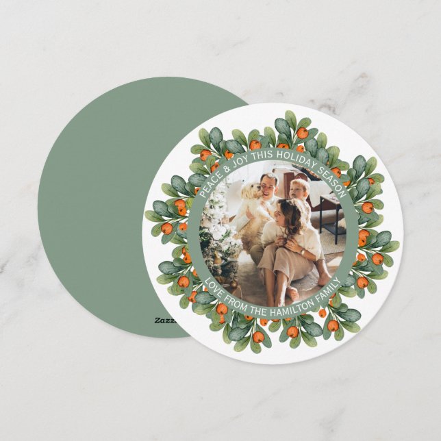 Christmas Personalized Wreath Photo Frame Round Holiday Card (Front/Back)