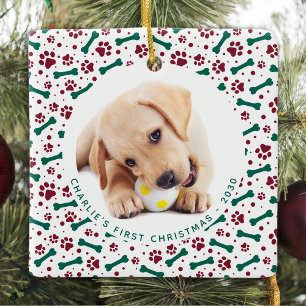 Christmas Pet 2 Dog Photo Paw Prints Personalized  Ceramic Ornament