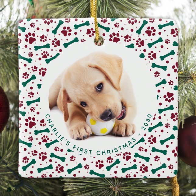 Christmas Pet 2 Dog Photo Paw Prints Personalized  Ceramic Ornament (Creator Uploaded)