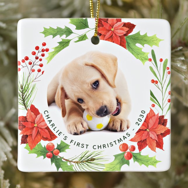 Christmas Pet Custom 2 Dog Photo Poinsettia Wreath Ceramic Ornament (Creator Uploaded)