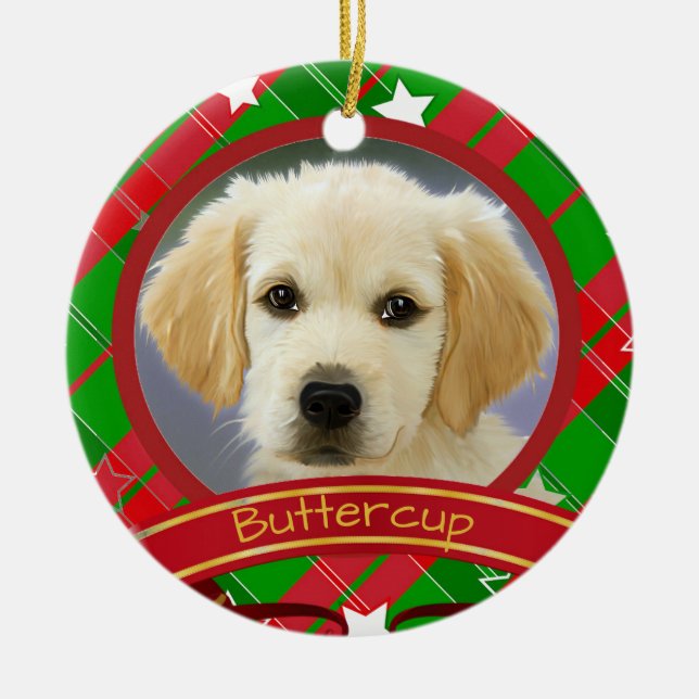 Christmas Pet Dog Photo Green  Red Personalized  Ceramic Ornament (Front)