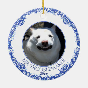 Christmas Pet Photo Date Blue Willow Dog Cat Cute Ceramic Ornament