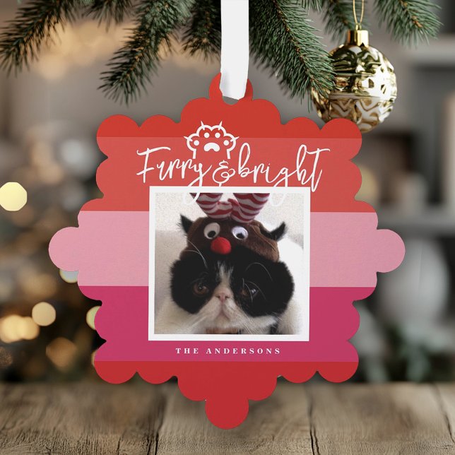 Christmas Pet Photo Red Stripes Holiday Ornament Card (Creator Uploaded)