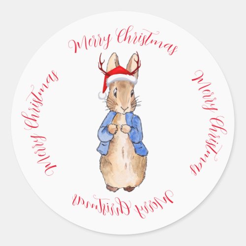 Christmas Peter the Rabbit Reindeer hat Classic Round Sticker