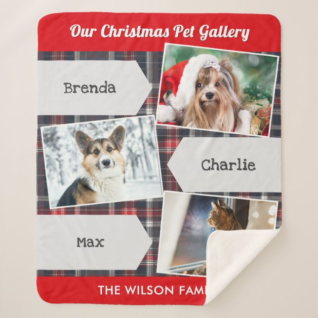 Christmas Pets 3 Photo Gallery Tartan Personalized Sherpa Blanket (Front)
