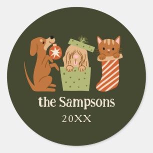 Christmas Pets Green Classic Round Sticker