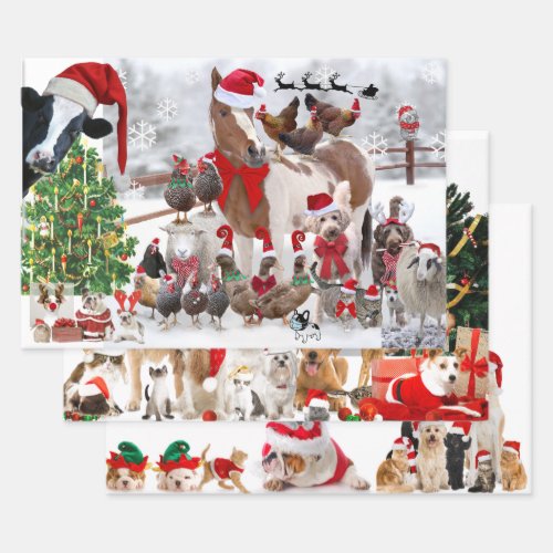 CHRISTMAS PETS Wrapping Paper Flat Sheet Set of 3