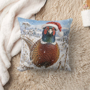 Christmas Pheasant in Winter Field Throw Pillow