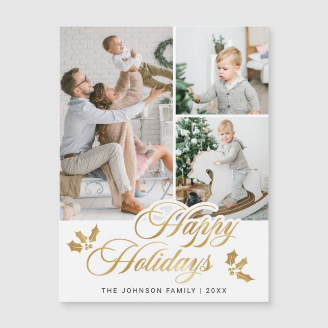 Christmas PHOTO 3 Holiday Greeting Magnetic Card (Front)