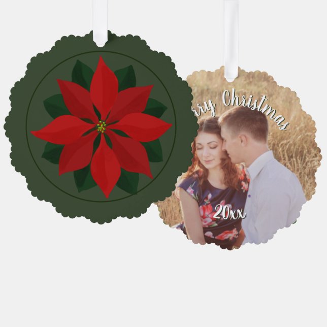 Christmas Photo and Poinsettia Ornament Card (Front/Back)
