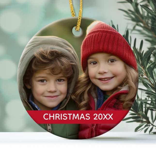Christmas Photo and Year Modern Minimal Red Stripe Ceramic Ornament (A minimal and modern photo ornament with a place to add the year)