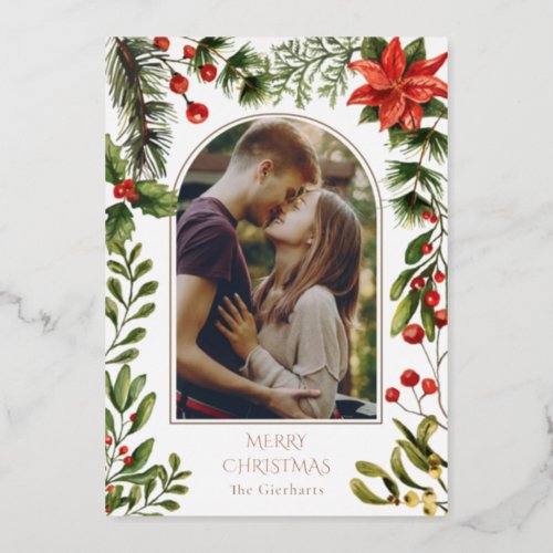 Christmas Photo Arch Watercolor Poinsettia Floral Foil Holiday Card