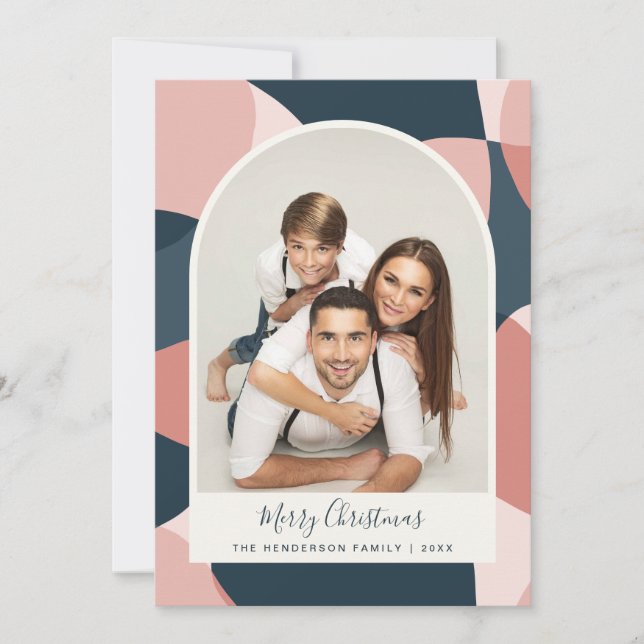 Christmas Photo Arched Frame Coral Blue Holiday Card (Front)