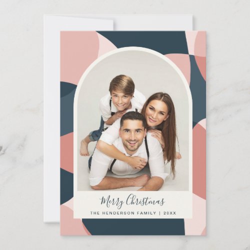 Christmas Photo Arched Frame Coral Blue Holiday Card