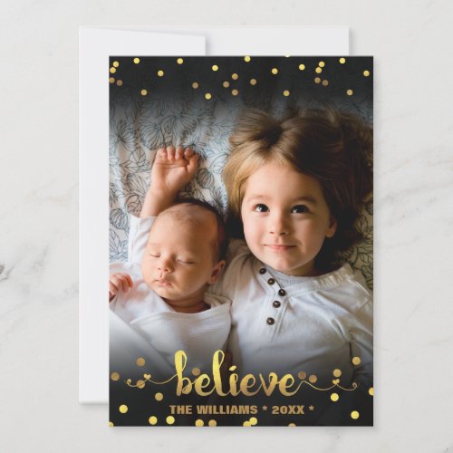 Christmas Photo BELIEVE Fake Gold Foil Confetti Holiday Card