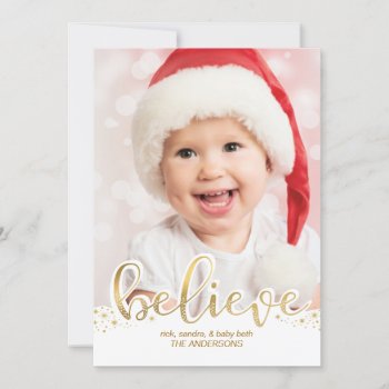 Christmas Photo | Believe Faux Gold Foil Effect Holiday Card by HolidayInk at Zazzle