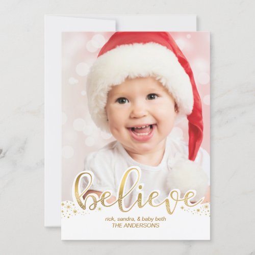 Christmas Photo  Believe Faux Gold Foil Effect Holiday Card