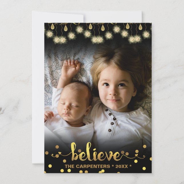 Christmas Photo BELIEVE Gold Sparkling Lights Holiday Card (Front)