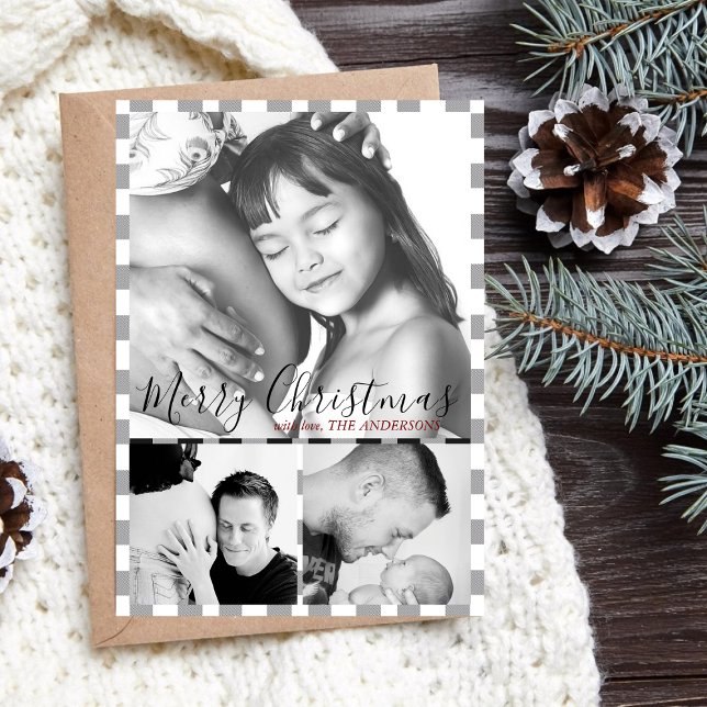 Christmas Photo Black White Plaid Gingham Pattern Holiday Card (Creator Uploaded)