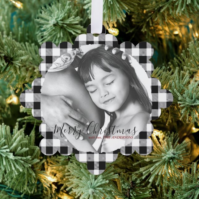 Christmas Photo Black White Plaid Gingham Pattern Ornament Card (Insitu (Tree))