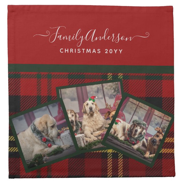 Christmas PHOTO Blanket - Red Tartan Collage Cloth Napkin (Front)
