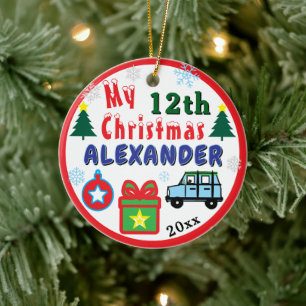 Christmas PHOTO Blue Car Boy Age Name Ceramic Ornament
