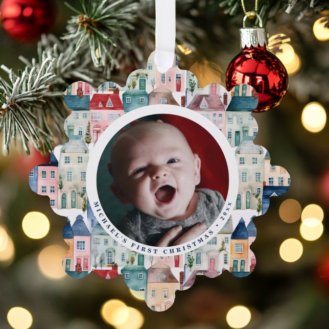 Christmas Photo Blue Festive Houses Holiday  Ornament Card (Creator Uploaded)