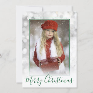 Christmas Photo Border Silver and Green Bokeh Holiday Card