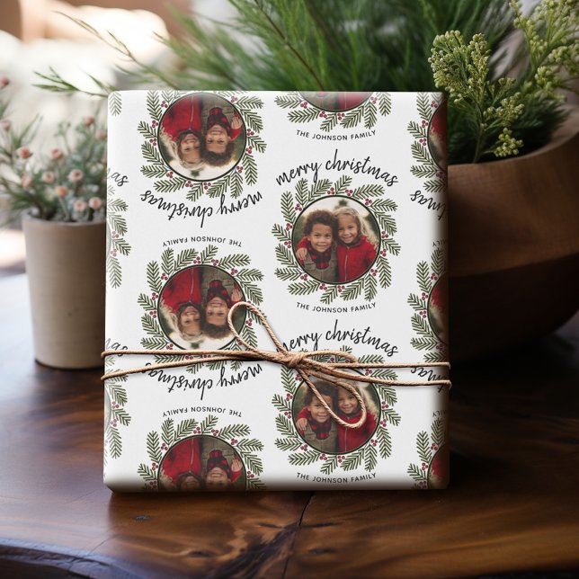 Christmas Photo - Calligraphy - Whimsical Branches Wrapping Paper (Personalized Photo Wrapping Paper)