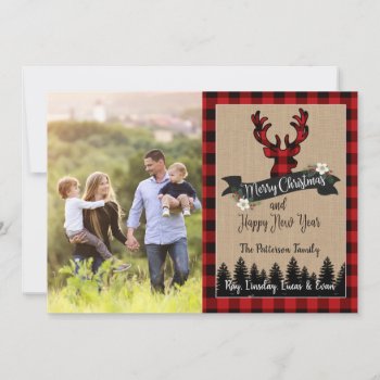 Christmas Photo Card Deer And Buffalo Plaid by Pixabelle at Zazzle