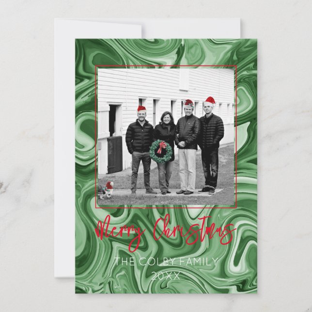 Christmas Photo Card Family Name Marbled Festive (Front)