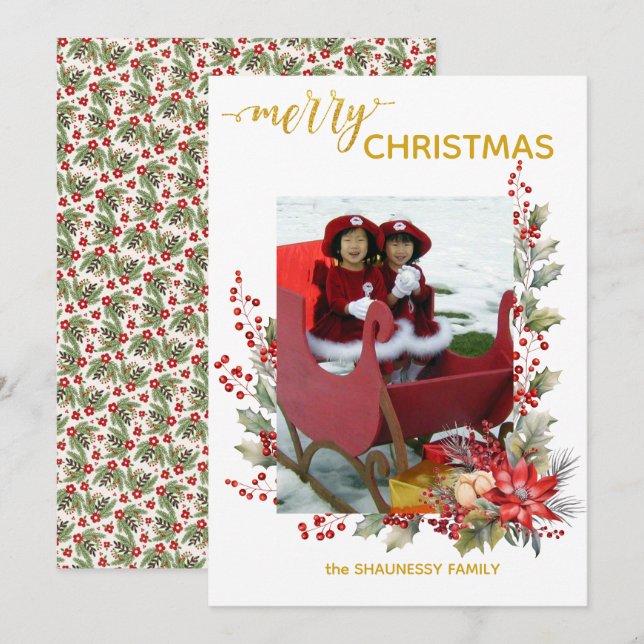 Christmas Photo Card Holly Berries & Pointsettias (Front/Back)