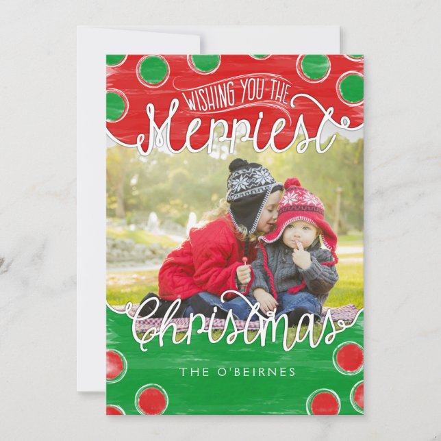 Christmas Photo Card in Red Green Watercolor Dots (Front)