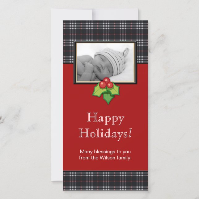 Christmas Photo Card Plaid Black Red (Front)