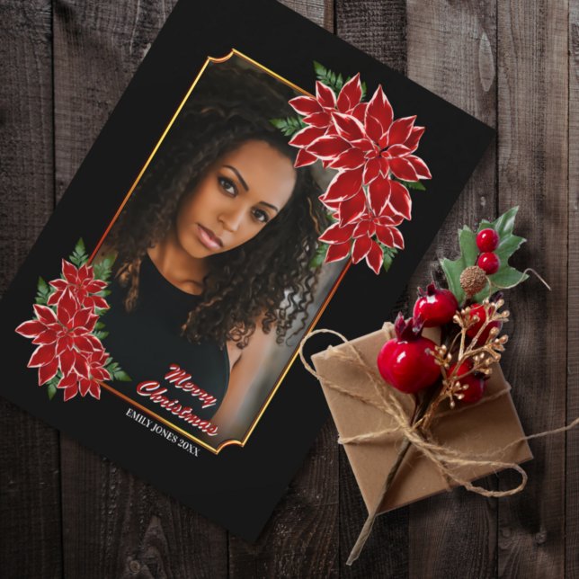 Christmas Photo Card Red Poinsettia Black Border (Creator Uploaded)