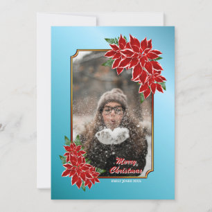 Christmas Photo Card Red Poinsettia Blue Border