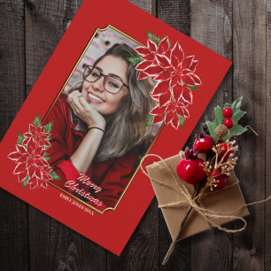 Christmas Photo Card Red Poinsettia Red Border