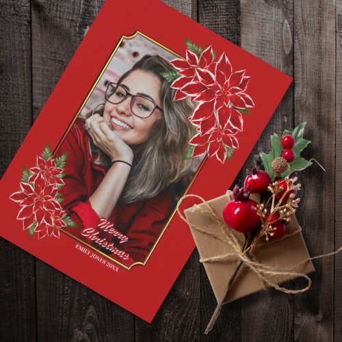 Christmas Photo Card Red Poinsettia Red Border