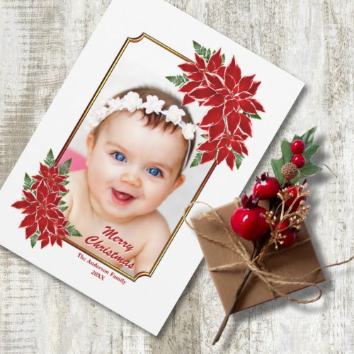 Christmas Photo Card Red Poinsettia White Border