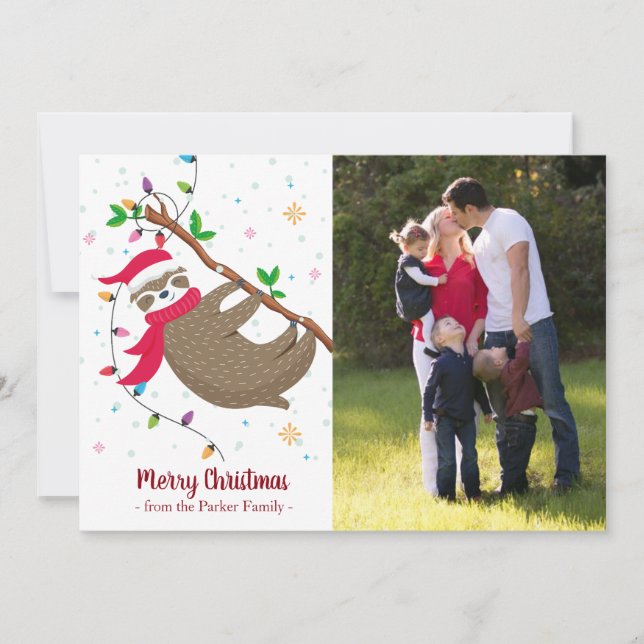 Christmas photo card with funny Sloth Santa Hat (Front)