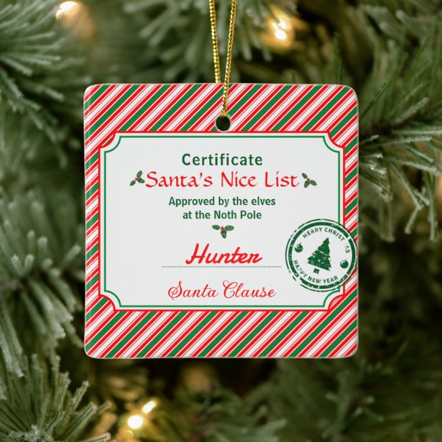 Christmas Photo Certificate Santa Nice List Ceramic Ornament (Tree)