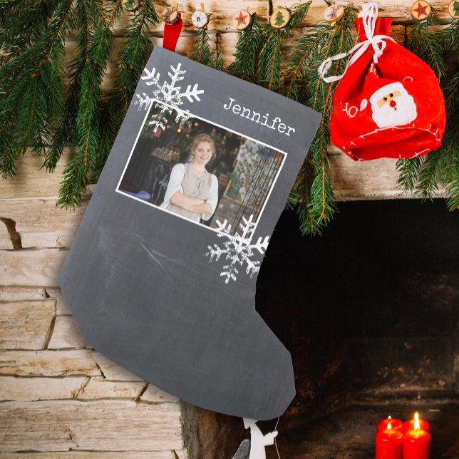 Christmas Photo Chalkboard Distressed Snowflakes Small Christmas Stocking (Distressed Rustic Snowflake design that can be personalized with a  photo and name monogram.)